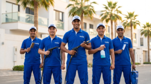فريق عمل شركة سهر العالمية لتنظيف المكيفات بجدة - فنيون مصريون وفلبينيون مدربون بالزي الأزرق الموحد يحملون معدات تنظيف المكيفات الاحترافية أمام مبنى سكني في جدة