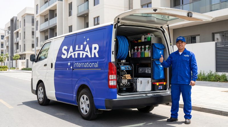 سيارة خدمة شركة سهر العالمية لتنظيف المكيفات بجدة - فان مجهز بمعدات التنظيف بالبخار والمواد المعقمة جاهز للانطلاق إلى موقع العميل في أحياء جدة