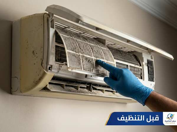 مكيف سبليت متسخ قبل التنظيف - تراكم غبار كثيف وعفن أسود على فلتر المكيف يسبب ضعف التبريد وروائح كريهة - فني سهر العالمية يفحص المكيف قبل خدمة التنظيف العميق بجدة